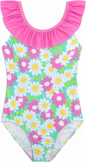 XiaoMoSha Girls Swimsuits Ruffled Round Neck One Piece Bathing Suits Quick Dry UPF 50  Summer Hawaii Swimwear for Kids 3-10T