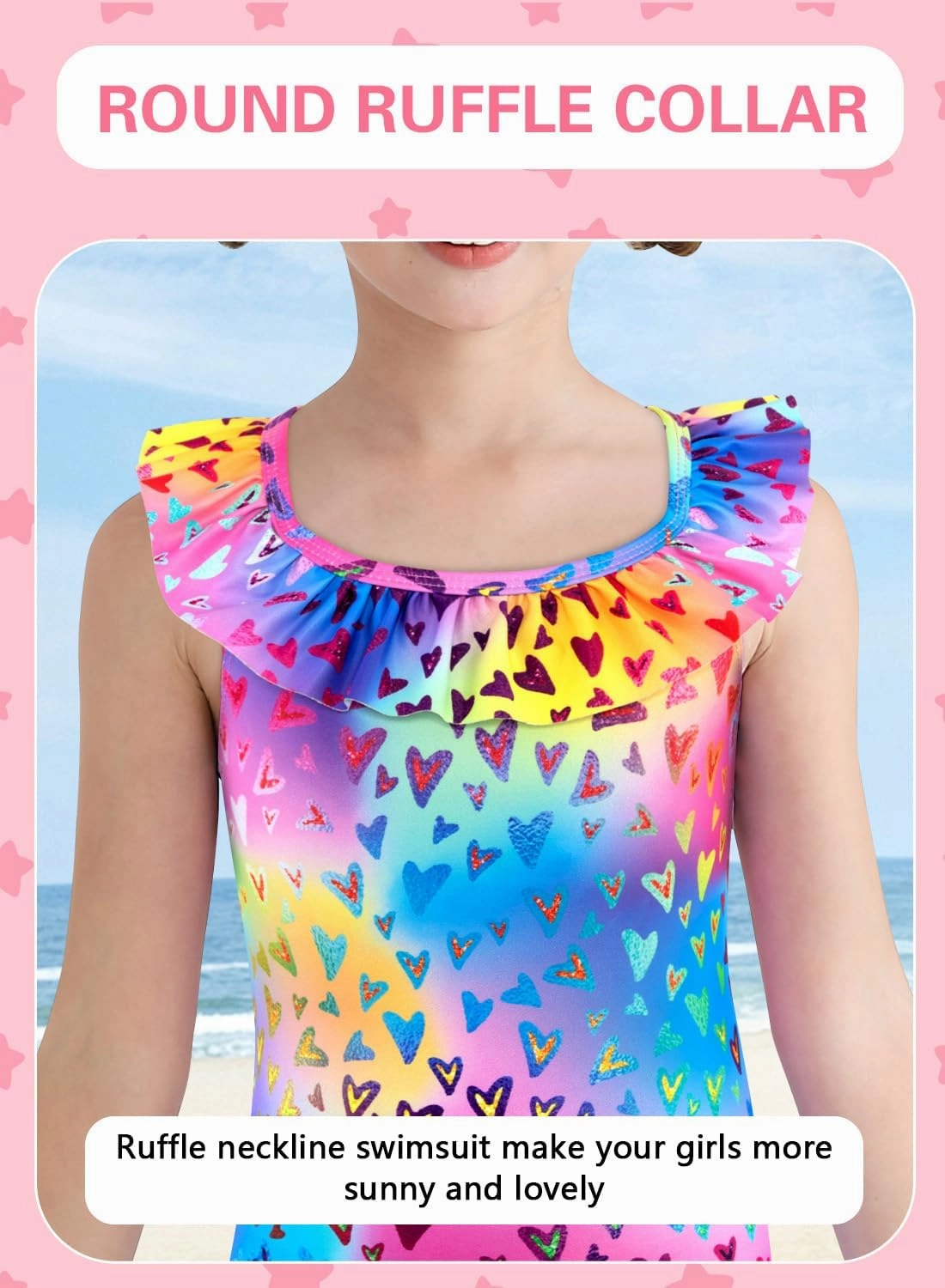 XiaoMoSha Girls Swimsuits Ruffled Round Neck One Piece Bathing Suits Quick Dry UPF 50  Summer Hawaii Swimwear for Kids 3-10T
