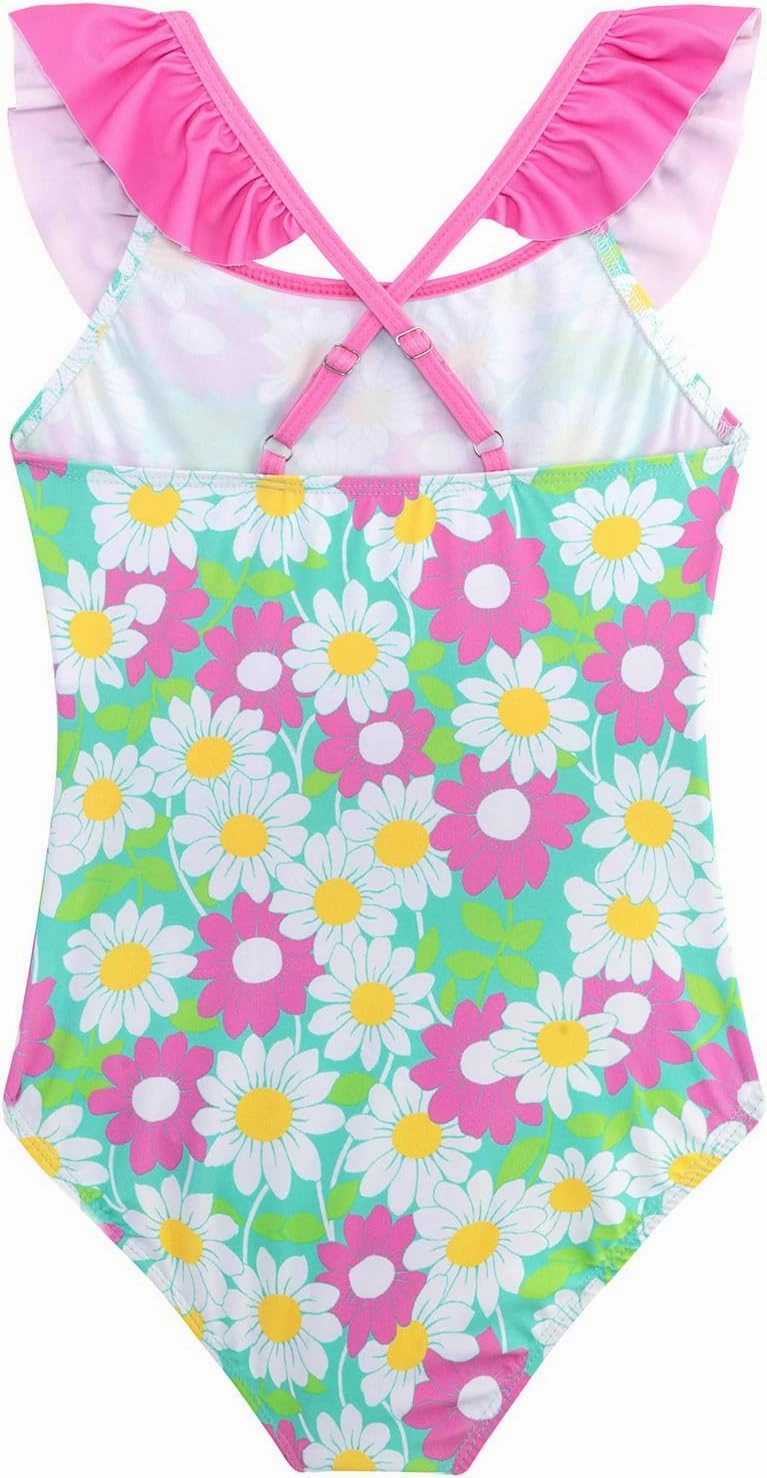 XiaoMoSha Girls Swimsuits Ruffled Round Neck One Piece Bathing Suits Quick Dry UPF 50  Summer Hawaii Swimwear for Kids 3-10T