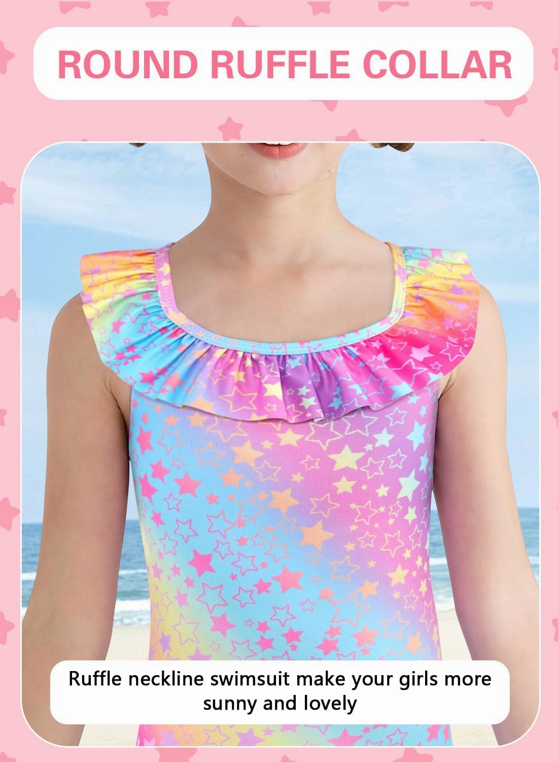 XiaoMoSha Girls Swimsuits Ruffled Round Neck One Piece Bathing Suits Quick Dry UPF 50  Summer Hawaii Swimwear for Kids 3-10T