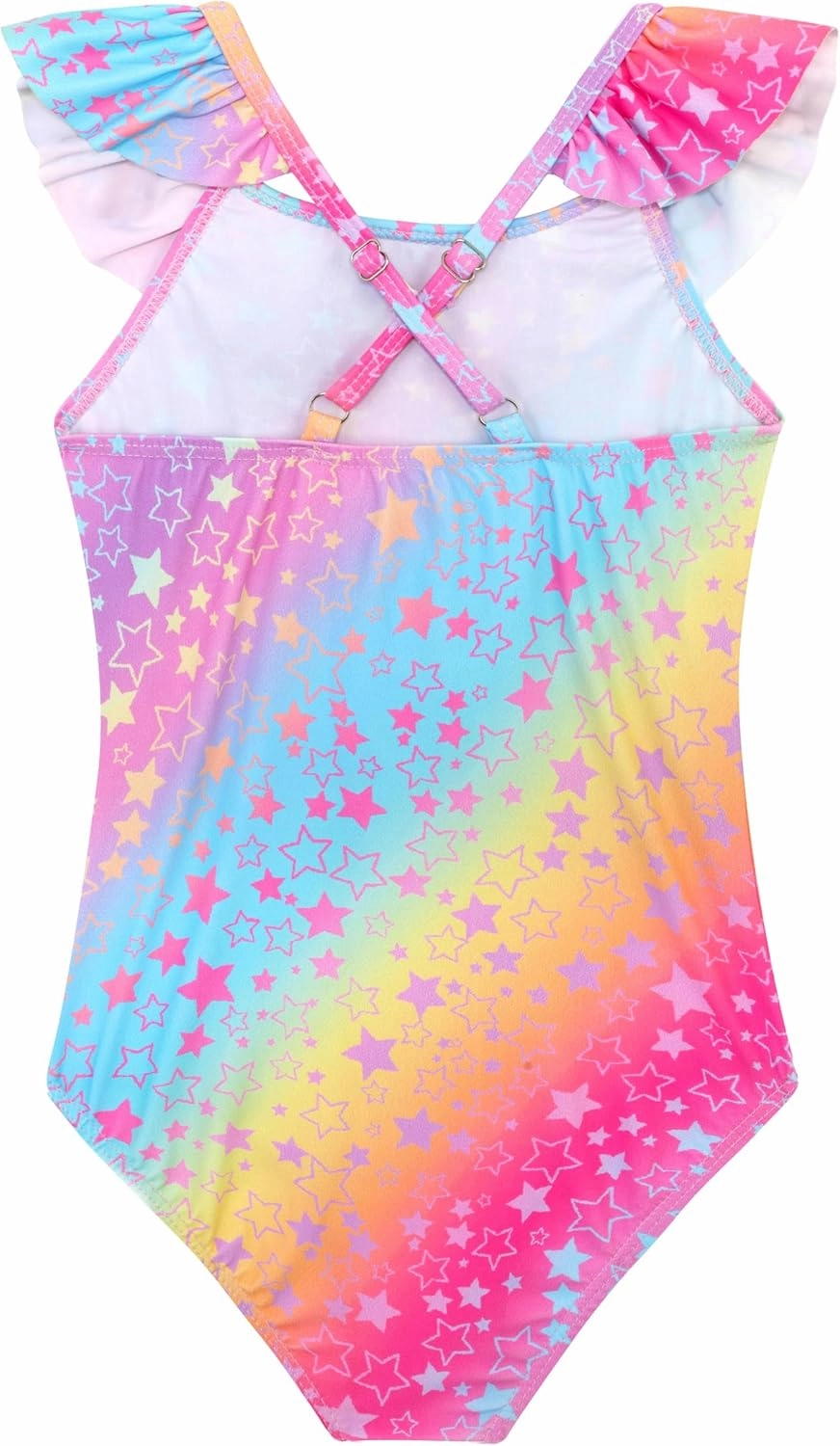 XiaoMoSha Girls Swimsuits Ruffled Round Neck One Piece Bathing Suits Quick Dry UPF 50  Summer Hawaii Swimwear for Kids 3-10T