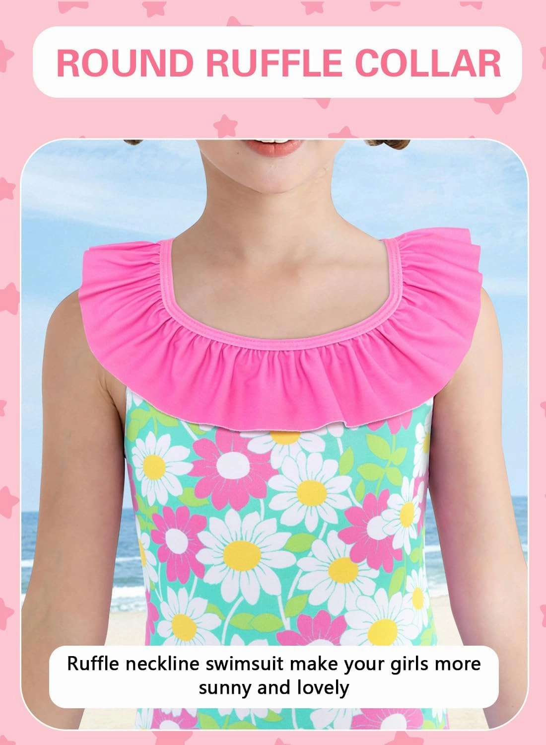 XiaoMoSha Girls Swimsuits Ruffled Round Neck One Piece Bathing Suits Quick Dry UPF 50  Summer Hawaii Swimwear for Kids 3-10T