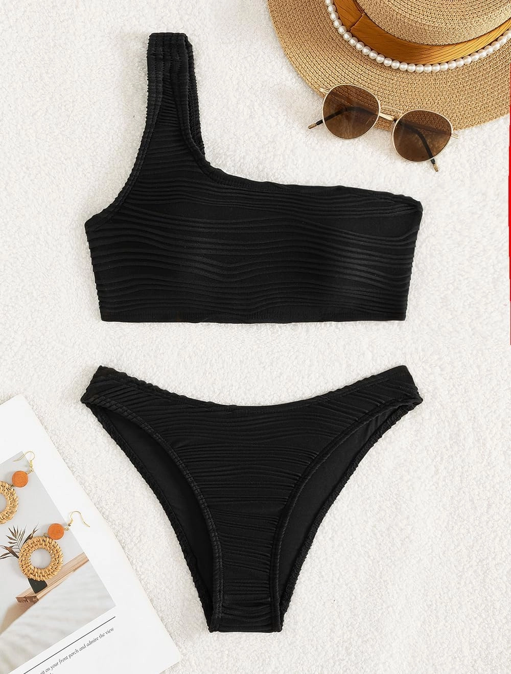 YIMISAN Women's Ribbed Bikini Sets One Shoulder Top with Mid Waist Two Piece Bathing Suit
