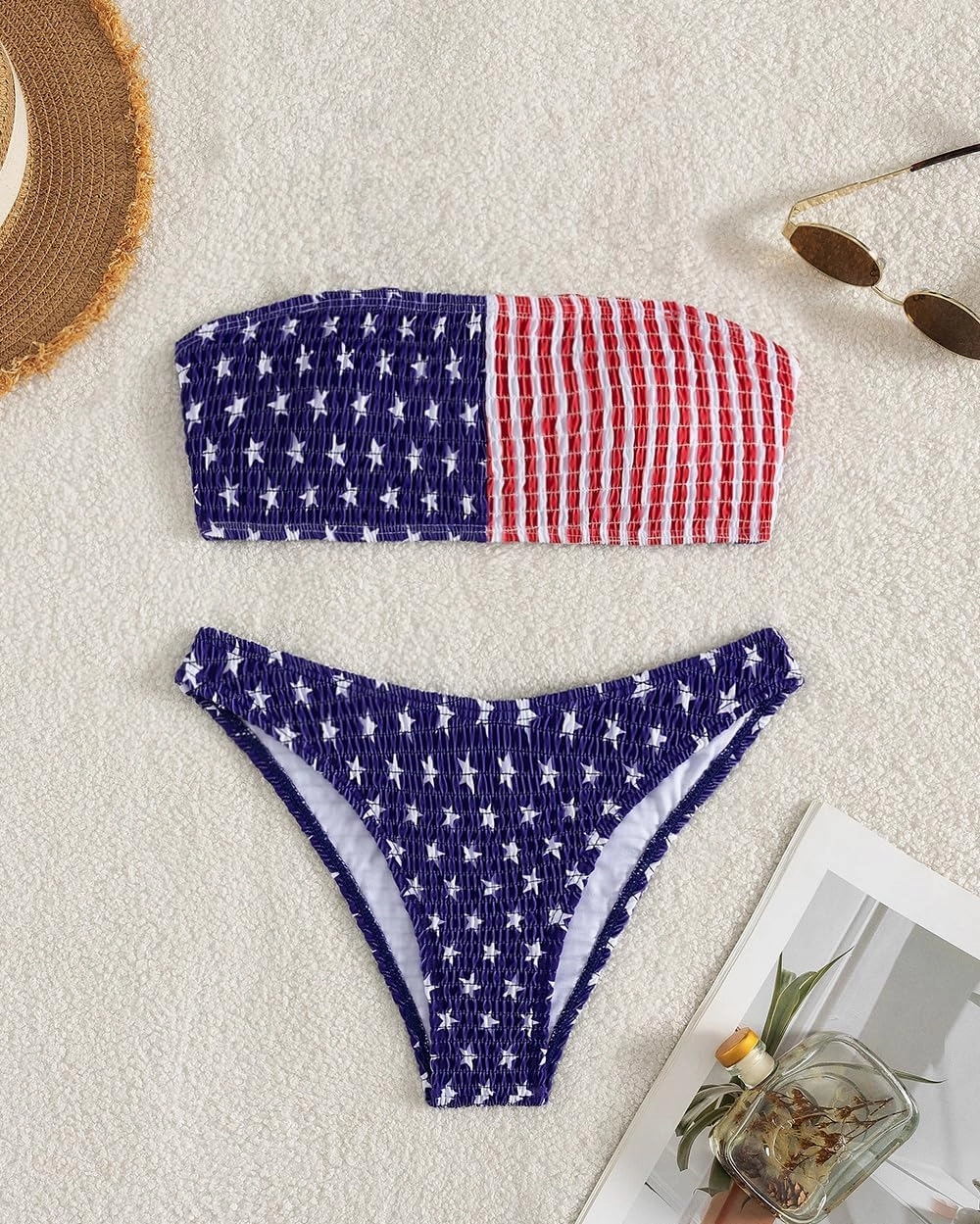 YIMISAN Women's Two Piece Bandeau Swimsuit Ribbed Strapless Tube Bikini Top with Mid Waist Cheeky Bottom Bathing Suit