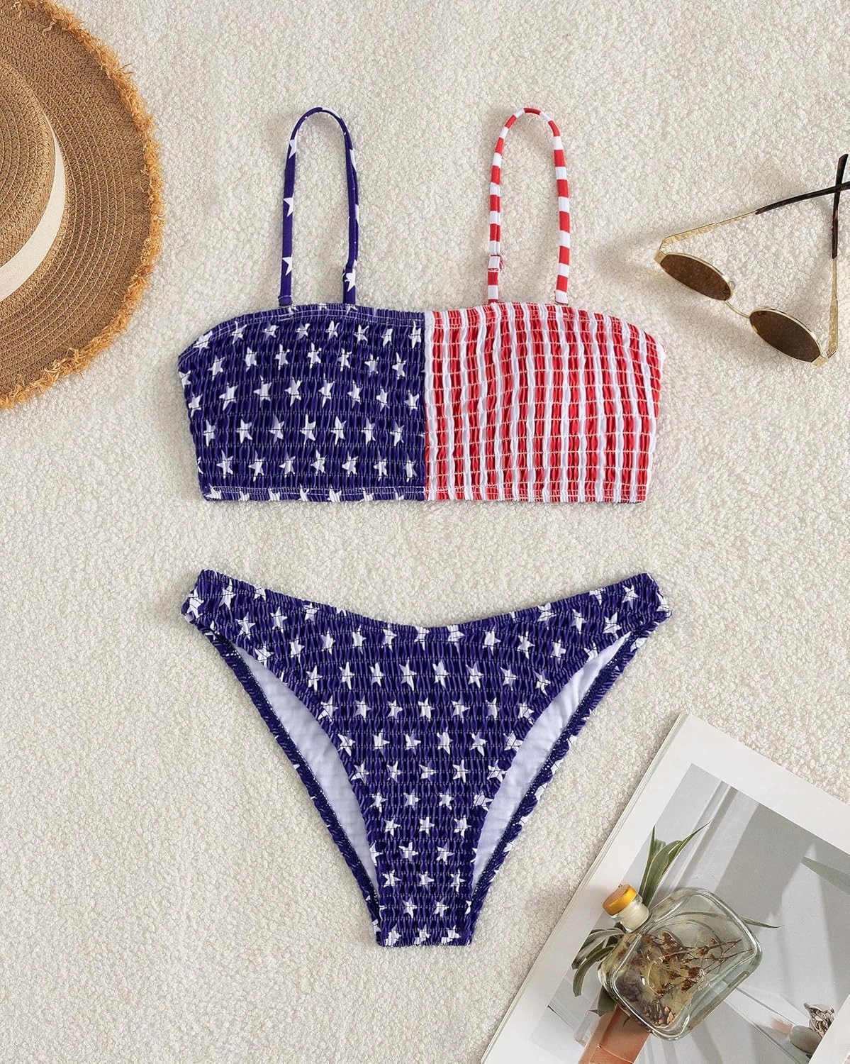 YIMISAN Women's Two Piece Bandeau Swimsuit Ribbed Strapless Tube Bikini Top with Mid Waist Cheeky Bottom Bathing Suit