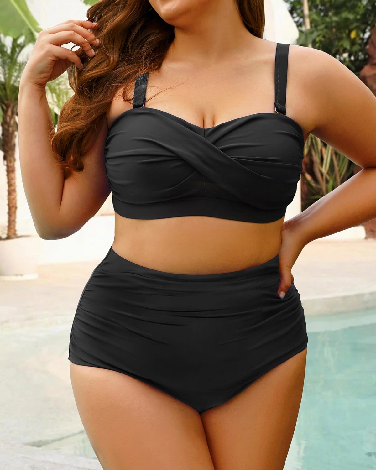 Yonique Women Plus Size Two Piece Swimsuits High Waisted Bathing Suits Bandeau Bikini Tummy Control Swimwear