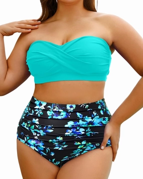 Yonique Women Plus Size Two Piece Swimsuits High Waisted Bathing Suits Bandeau Bikini Tummy Control Swimwear