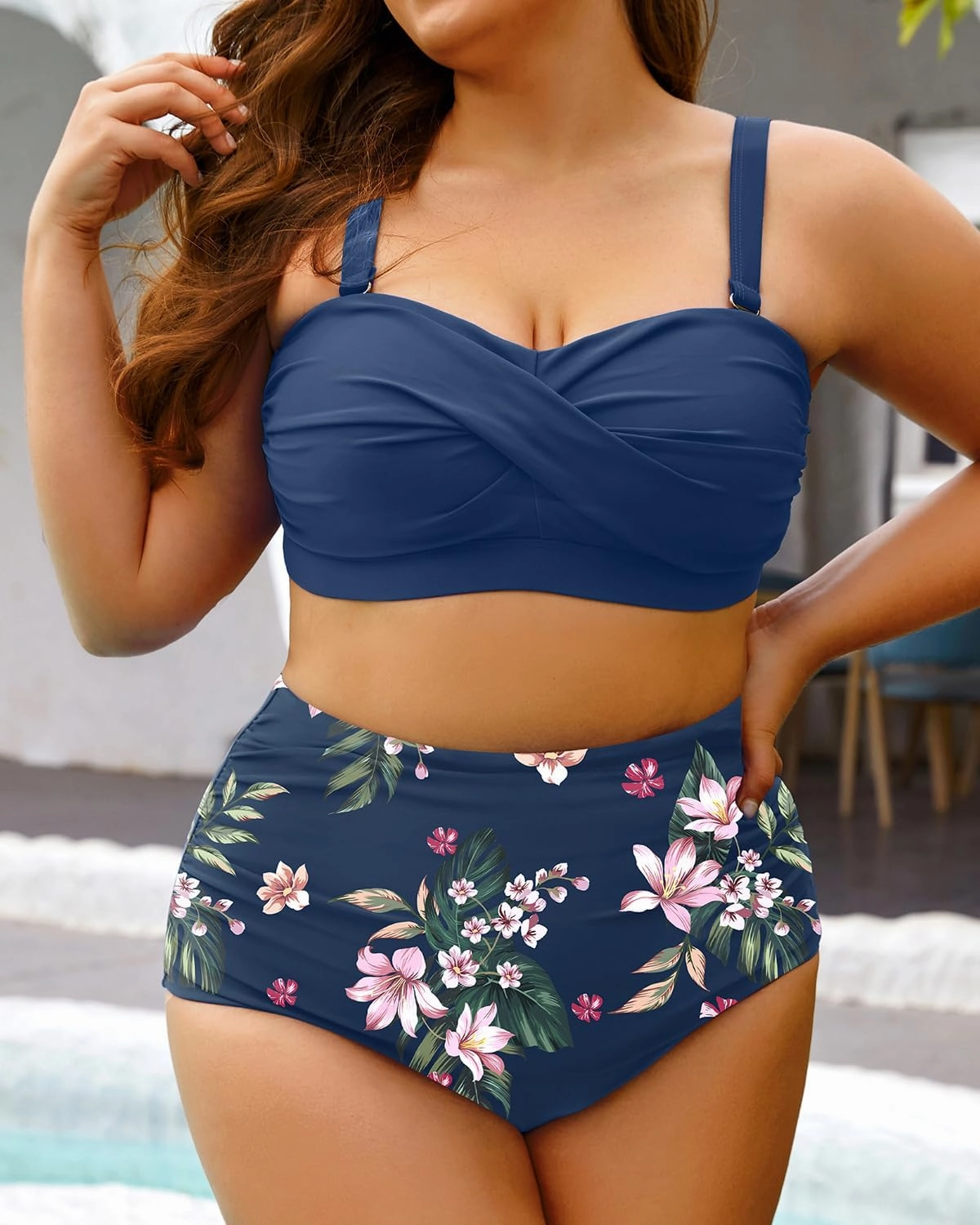 Yonique Women Plus Size Two Piece Swimsuits High Waisted Bathing Suits Bandeau Bikini Tummy Control Swimwear