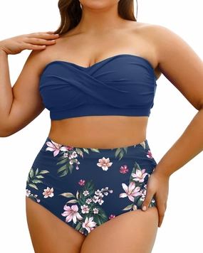 Yonique Women Plus Size Two Piece Swimsuits High Waisted Bathing Suits Bandeau Bikini Tummy Control Swimwear