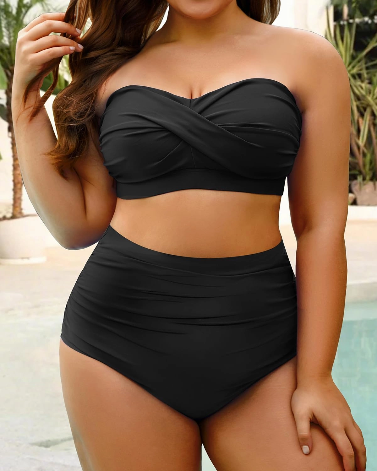 Yonique Women Plus Size Two Piece Swimsuits High Waisted Bathing Suits Bandeau Bikini Tummy Control Swimwear
