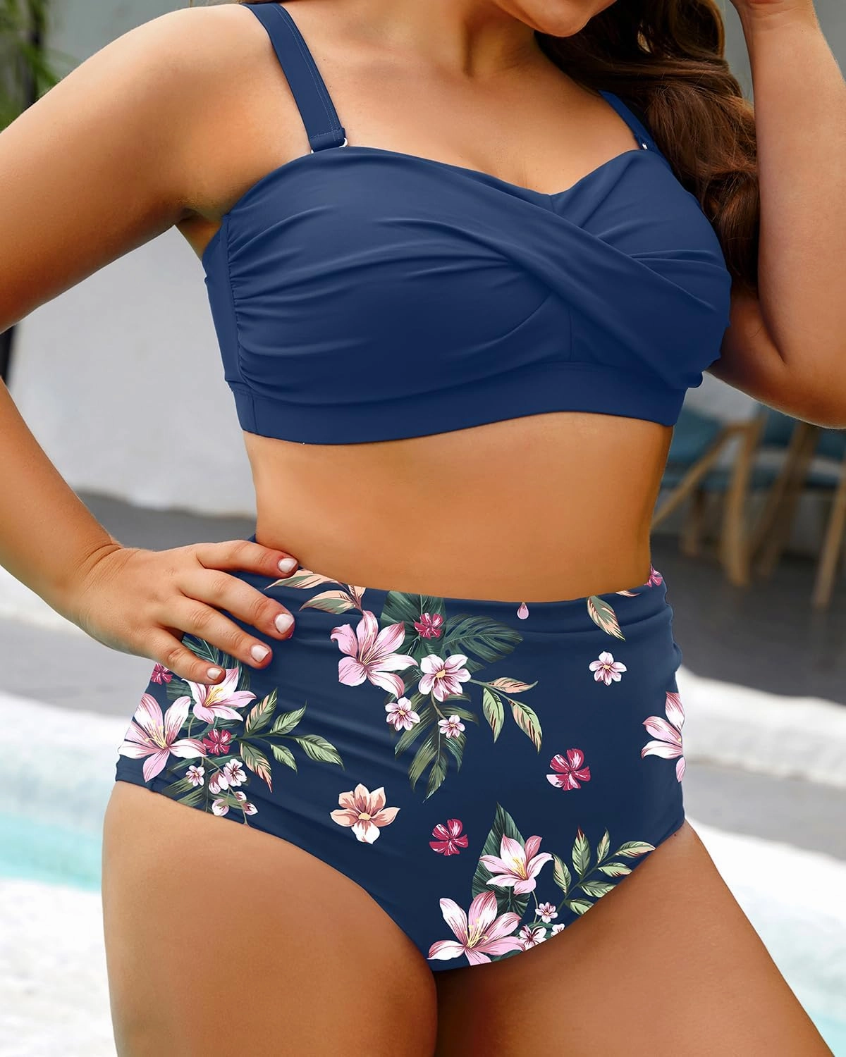 Yonique Women Plus Size Two Piece Swimsuits High Waisted Bathing Suits Bandeau Bikini Tummy Control Swimwear