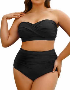 Yonique Women Plus Size Two Piece Swimsuits High Waisted Bathing Suits Bandeau Bikini Tummy Control Swimwear