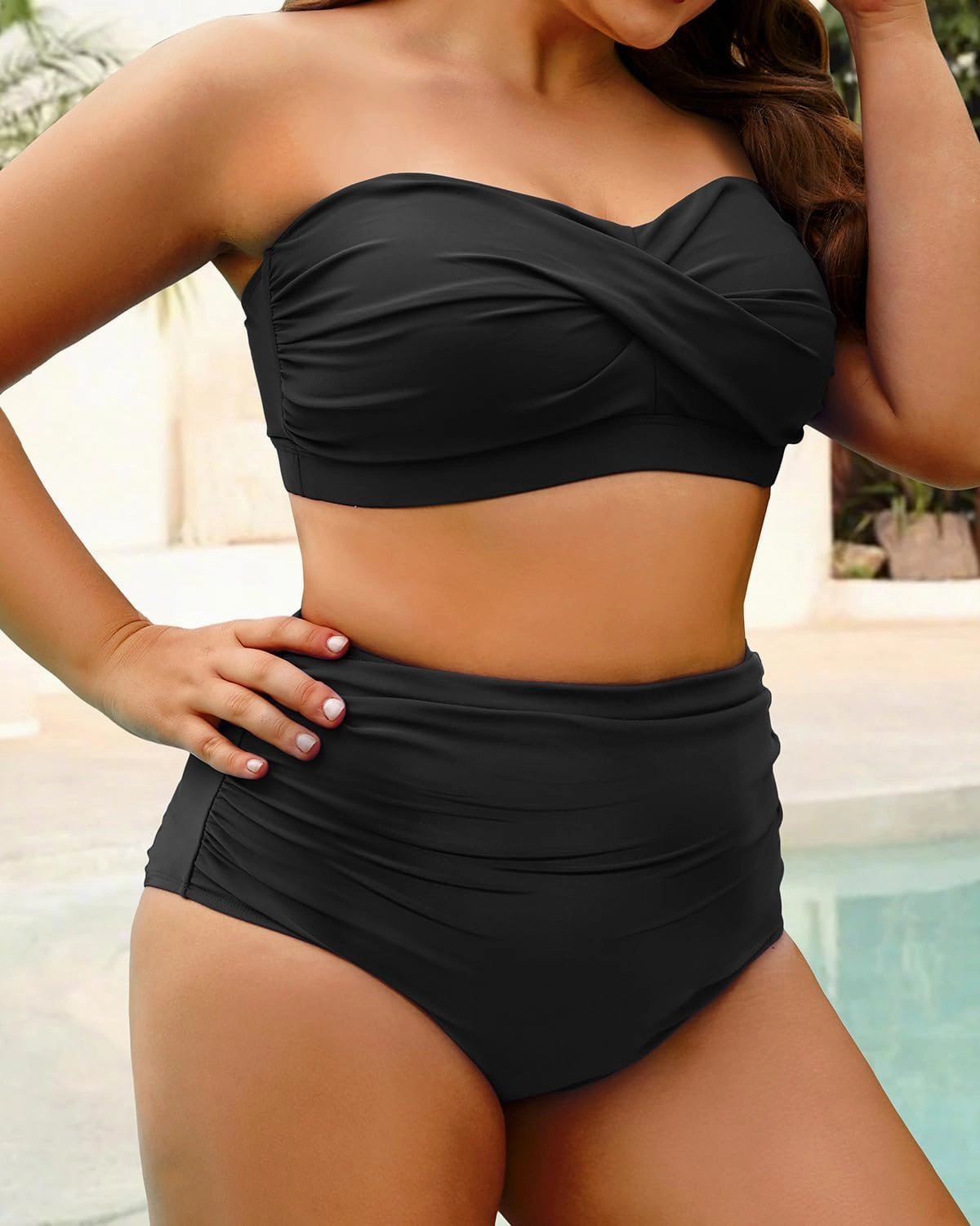 Yonique Women Plus Size Two Piece Swimsuits High Waisted Bathing Suits Bandeau Bikini Tummy Control Swimwear
