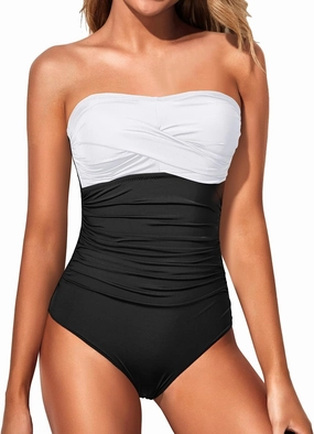 Yonique Womens Strapless One Piece Swimsuit Tummy Control Bandeau Bathing Suits Slimming Twist Front Swimwear