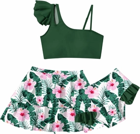 Yousie Girls Swimsuit, Tropical Bathing Suit 3 Pieces Ruffle Bikini Set with Cover Ups Skirt 7-12 Years