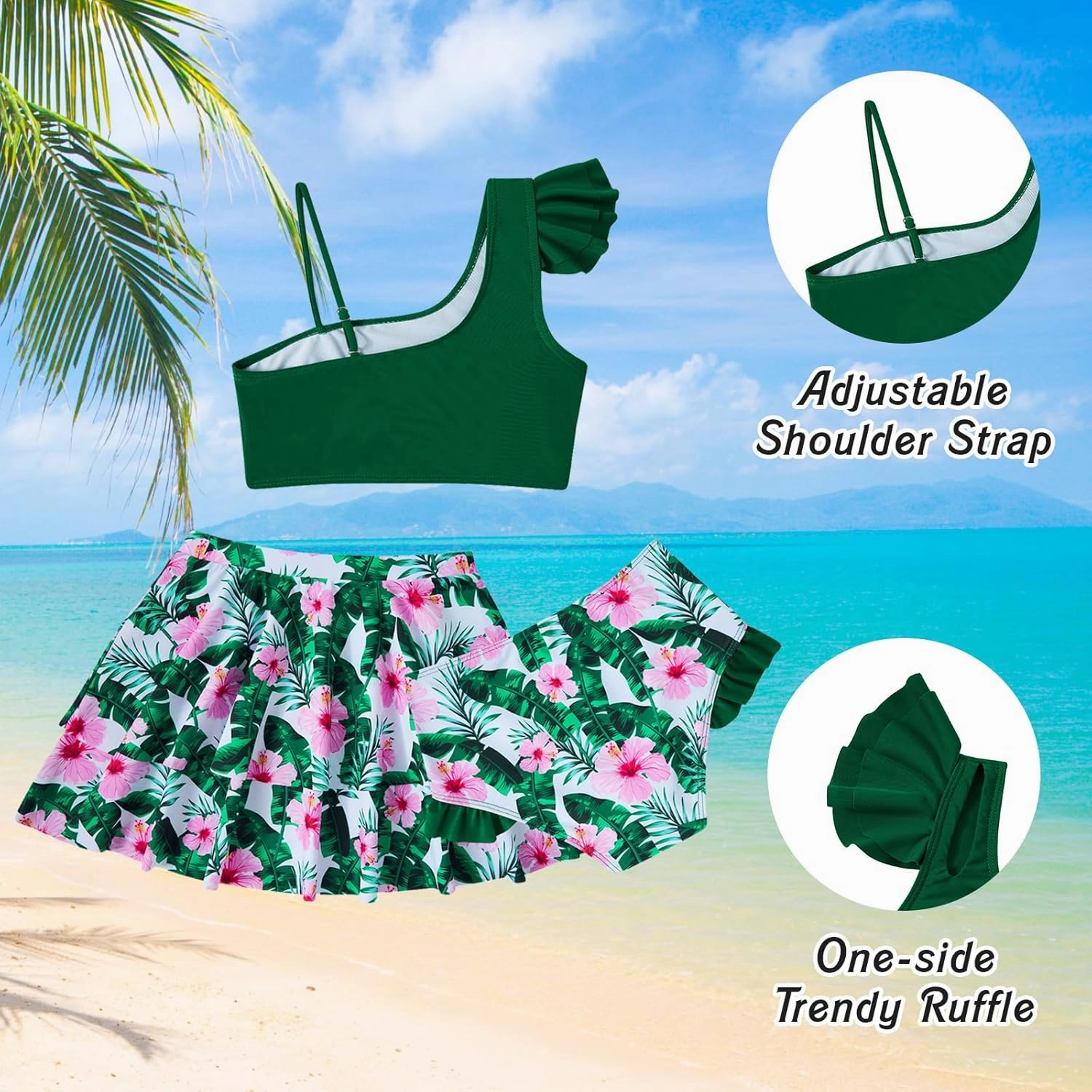 Yousie Girls Swimsuit, Tropical Bathing Suit 3 Pieces Ruffle Bikini Set with Cover Ups Skirt 7-12 Years