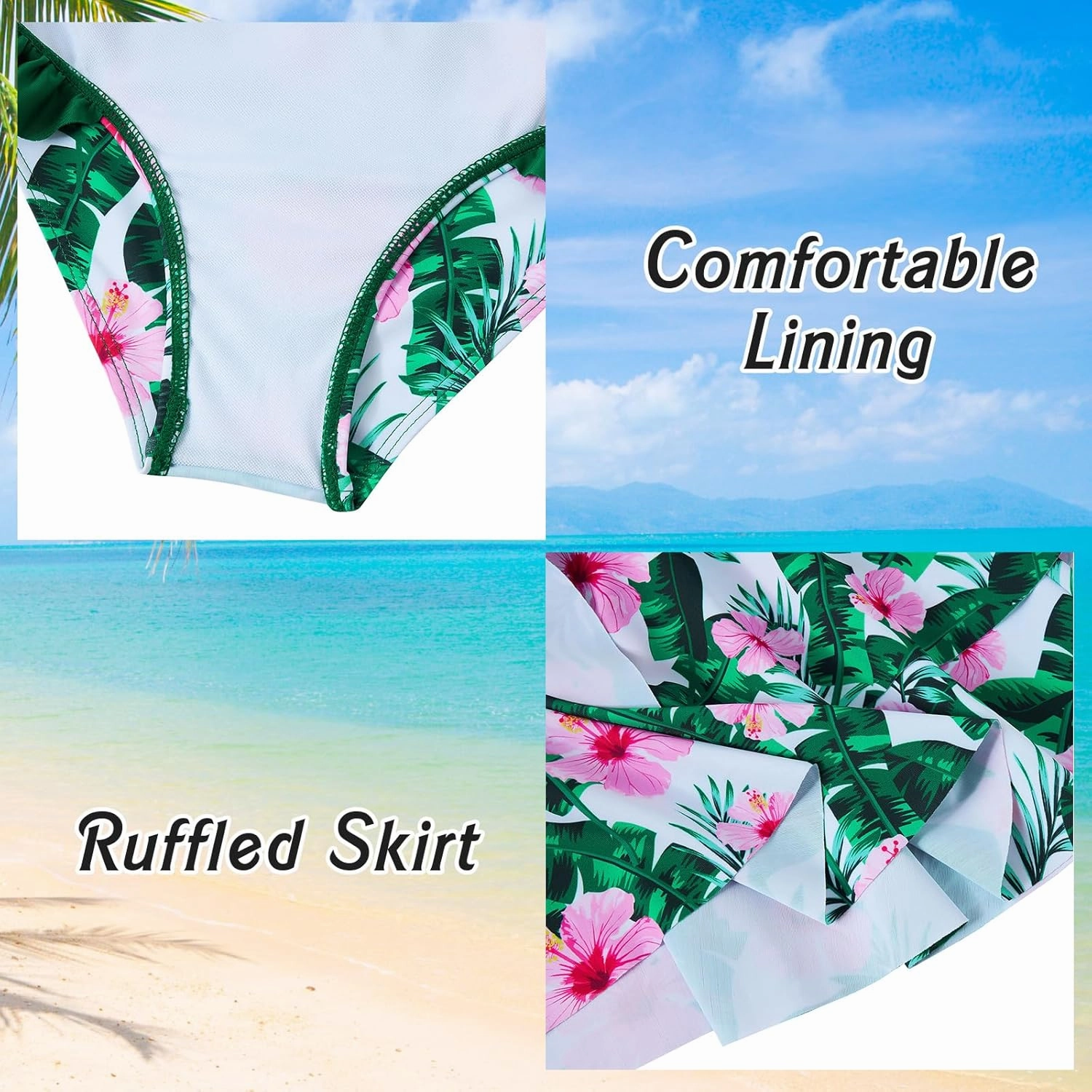 Yousie Girls Swimsuit, Tropical Bathing Suit 3 Pieces Ruffle Bikini Set with Cover Ups Skirt 7-12 Years