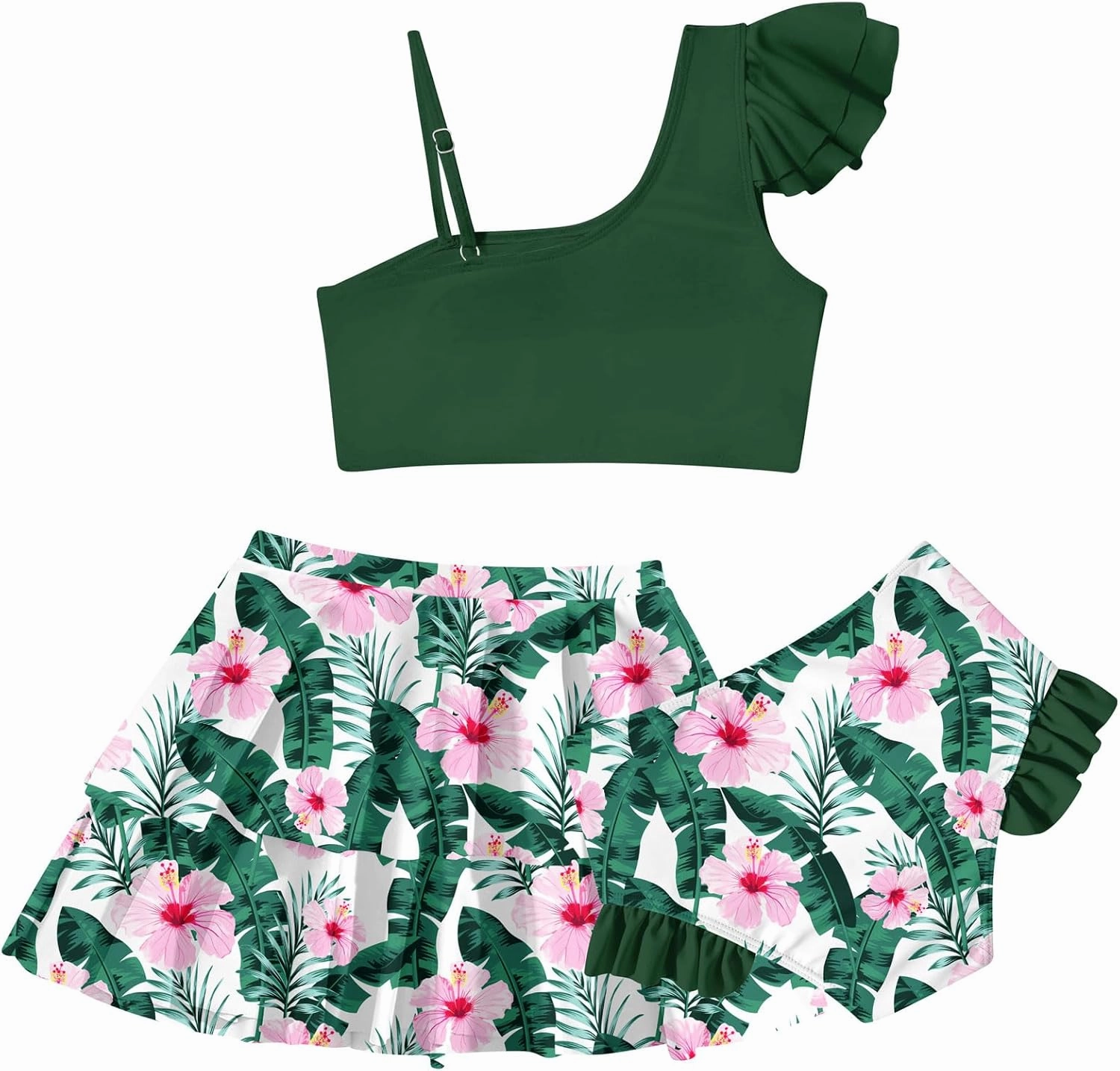 Yousie Girls Swimsuit, Tropical Bathing Suit 3 Pieces Ruffle Bikini Set with Cover Ups Skirt 7-12 Years