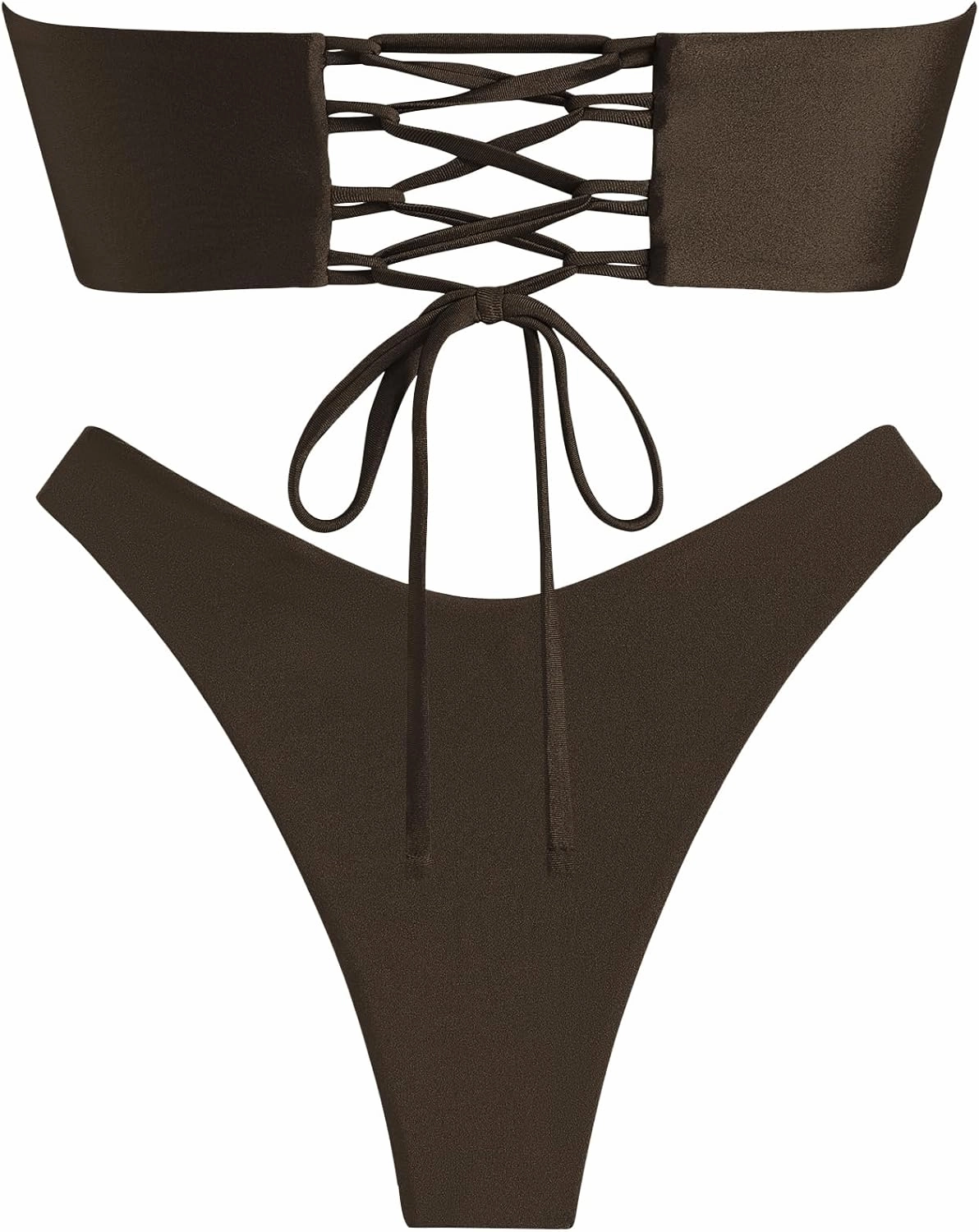 ZAFUL Knotted Bandeau Bikini for Women Strapless Swimsuits High Cut Bathing Suit Sexy Cheeky Tie Side Swimwears