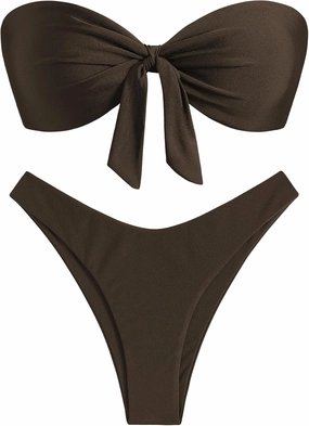 ZAFUL Knotted Bandeau Bikini for Women Strapless Swimsuits High Cut Bathing Suit Sexy Cheeky Tie Side Swimwears