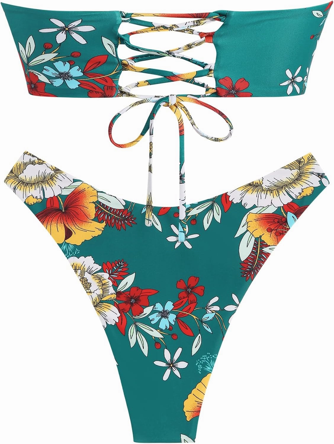 ZAFUL Knotted Bandeau Bikini for Women Strapless Swimsuits High Cut Bathing Suit Sexy Cheeky Tie Side Swimwears