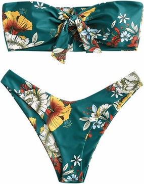 ZAFUL Knotted Bandeau Bikini for Women Strapless Swimsuits High Cut Bathing Suit Sexy Cheeky Tie Side Swimwears