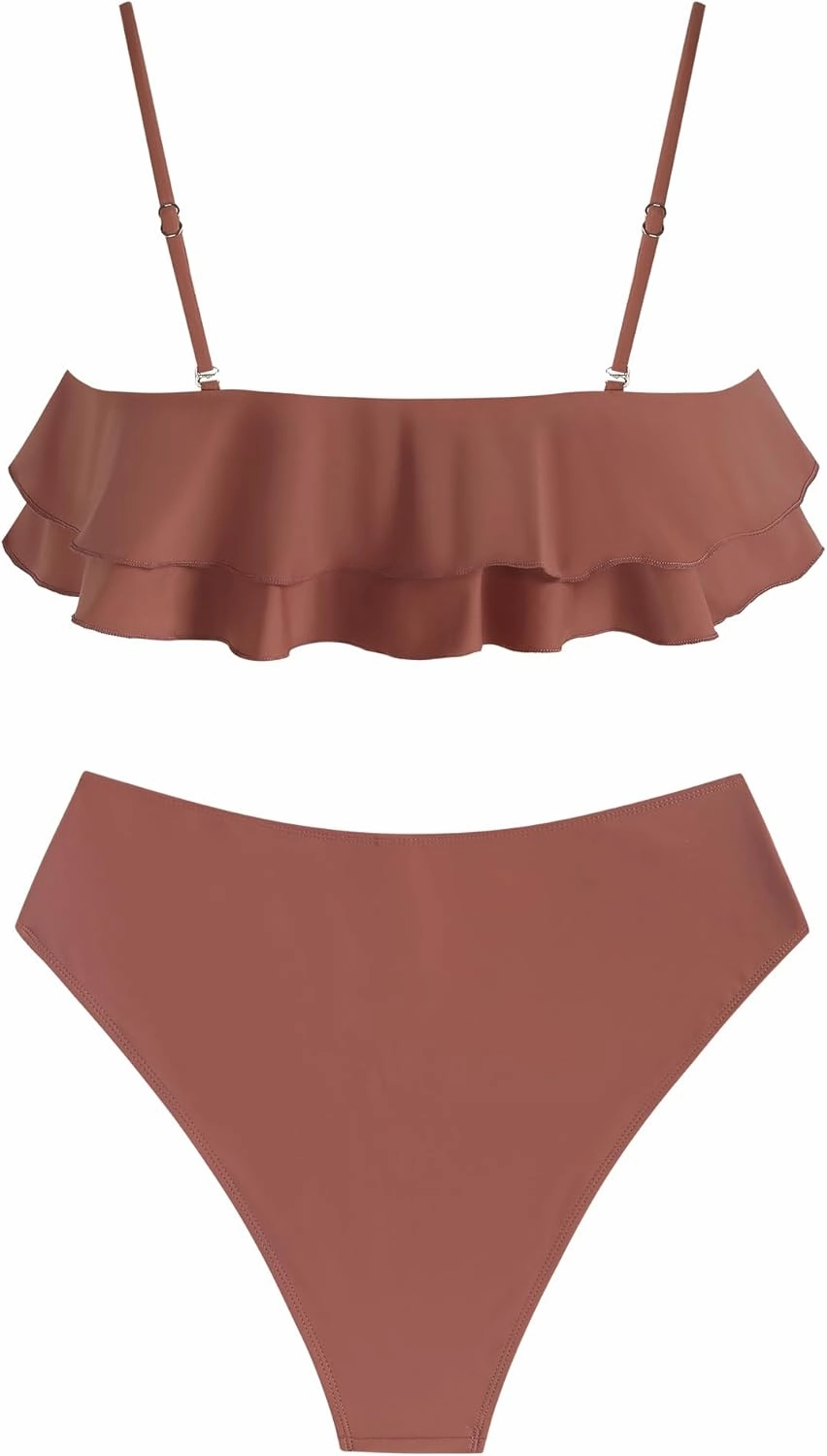 ZAFUL Layered Ruffle Bikini for Women High Waisted Bikini Sets Spaghetti Bandeau Swimsuits Padded Bathing Suit