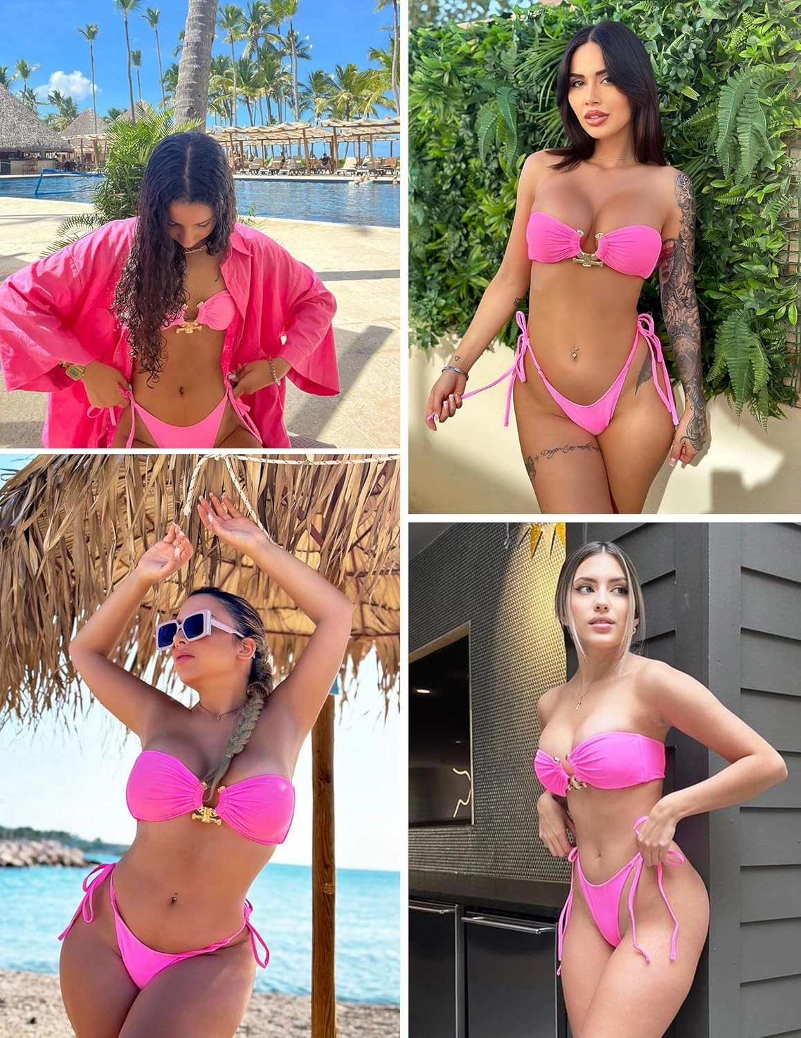 ZAFUL Metal Ring Bandeau Bikini Set Tie Side Bathing Suit High Cut 2 Piece Swimsuit Cutout Swimwear