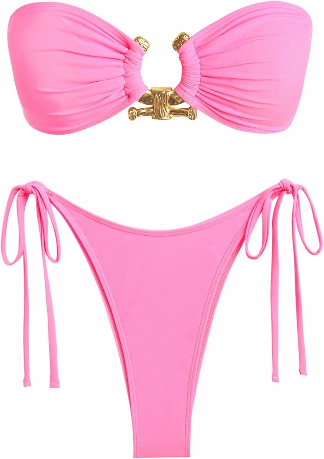 ZAFUL Metal Ring Bandeau Bikini Set Tie Side Bathing Suit High Cut 2 Piece Swimsuit Cutout Swimwear