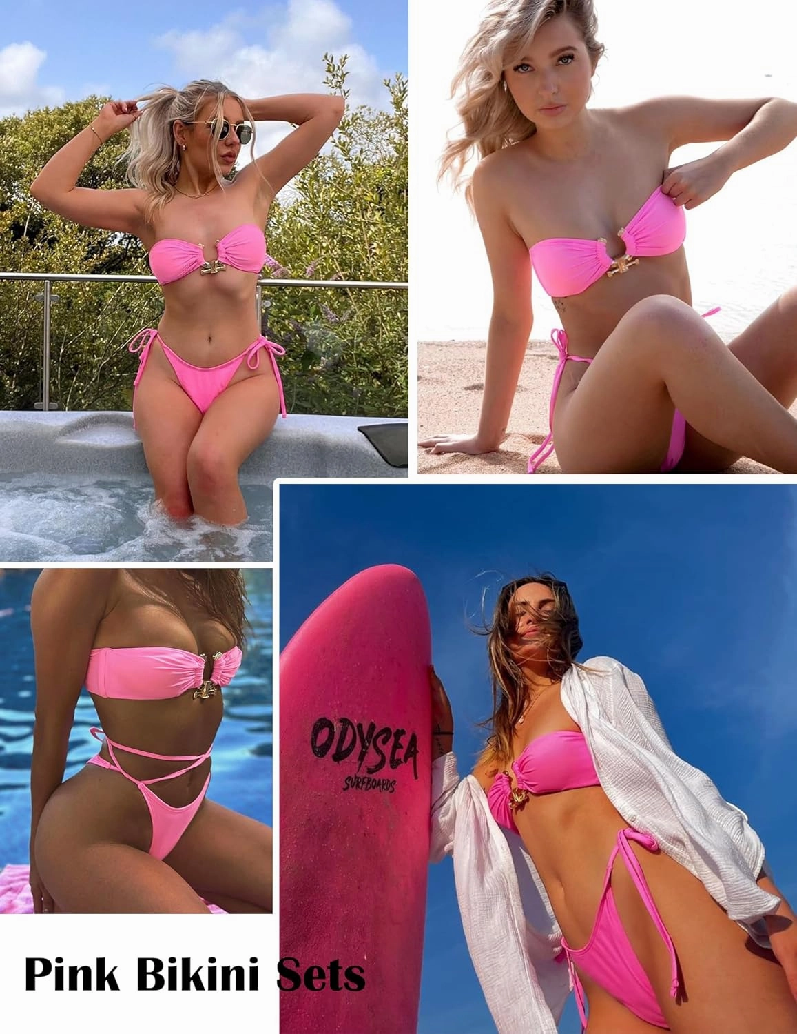 ZAFUL Metal Ring Bandeau Bikini Set Tie Side Bathing Suit High Cut 2 Piece Swimsuit Cutout Swimwear