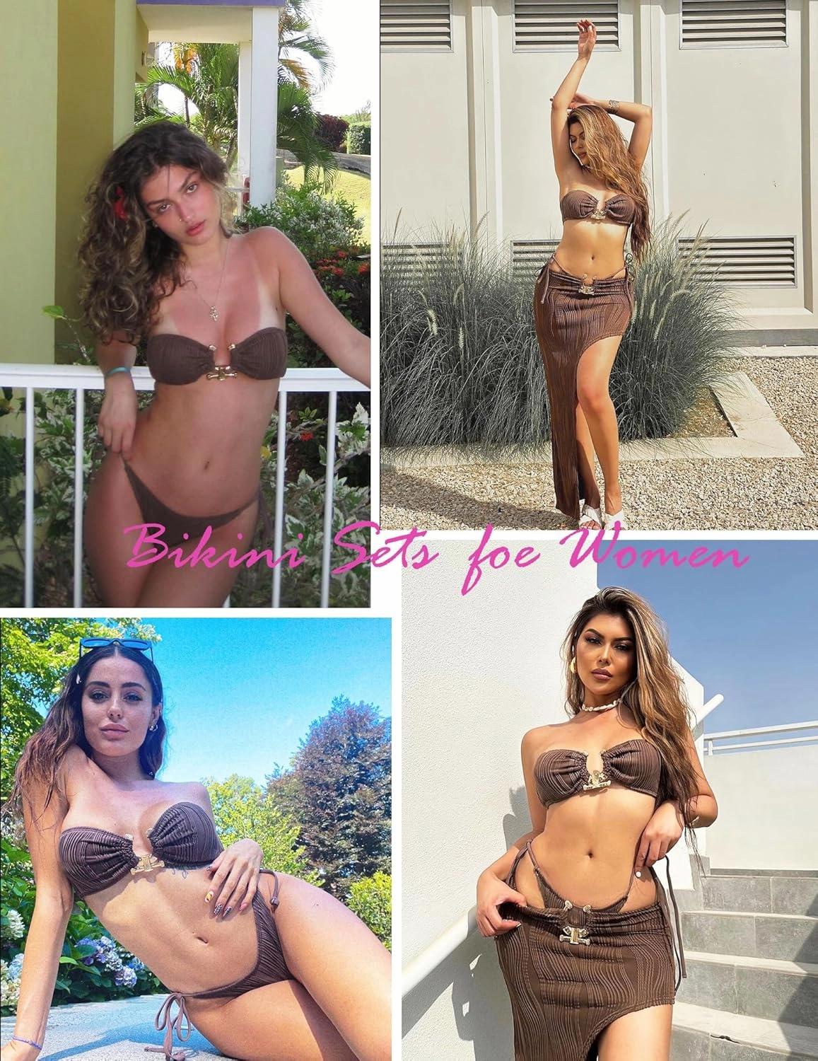 ZAFUL Women Bikini Sets Ribbed Textured Metal Two Piece Adjustable Tie Back Bandeau Bathing Suit Tie Side High Cut Swimsuit