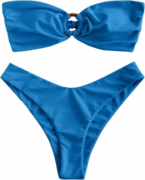 ZAFUL Women's Bandeau Bikini O Ring Strapless Tie Back High Cut Two Piece Swimsuit Bathing Suits