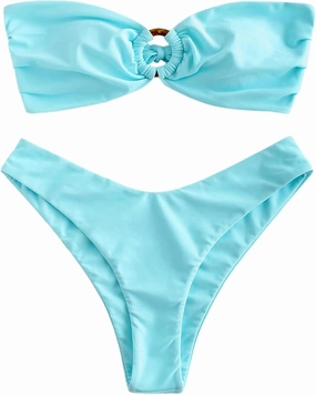 ZAFUL Women's Bandeau Bikini O Ring Strapless Tie Back High Cut Two Piece Swimsuit Bathing Suits