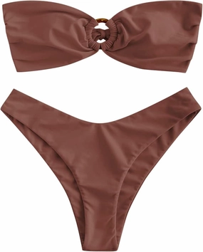 ZAFUL Women's Bandeau Bikini O Ring Strapless Tie Back High Cut Two Piece Swimsuit Bathing Suits