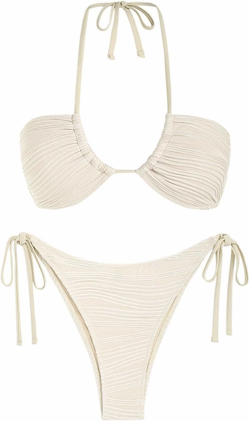 ZAFUL Women's Bandeau Bikini Set O Ring Strapless Swimsuit Tie Side Swimwear Halter Two Piece Bathing Suit