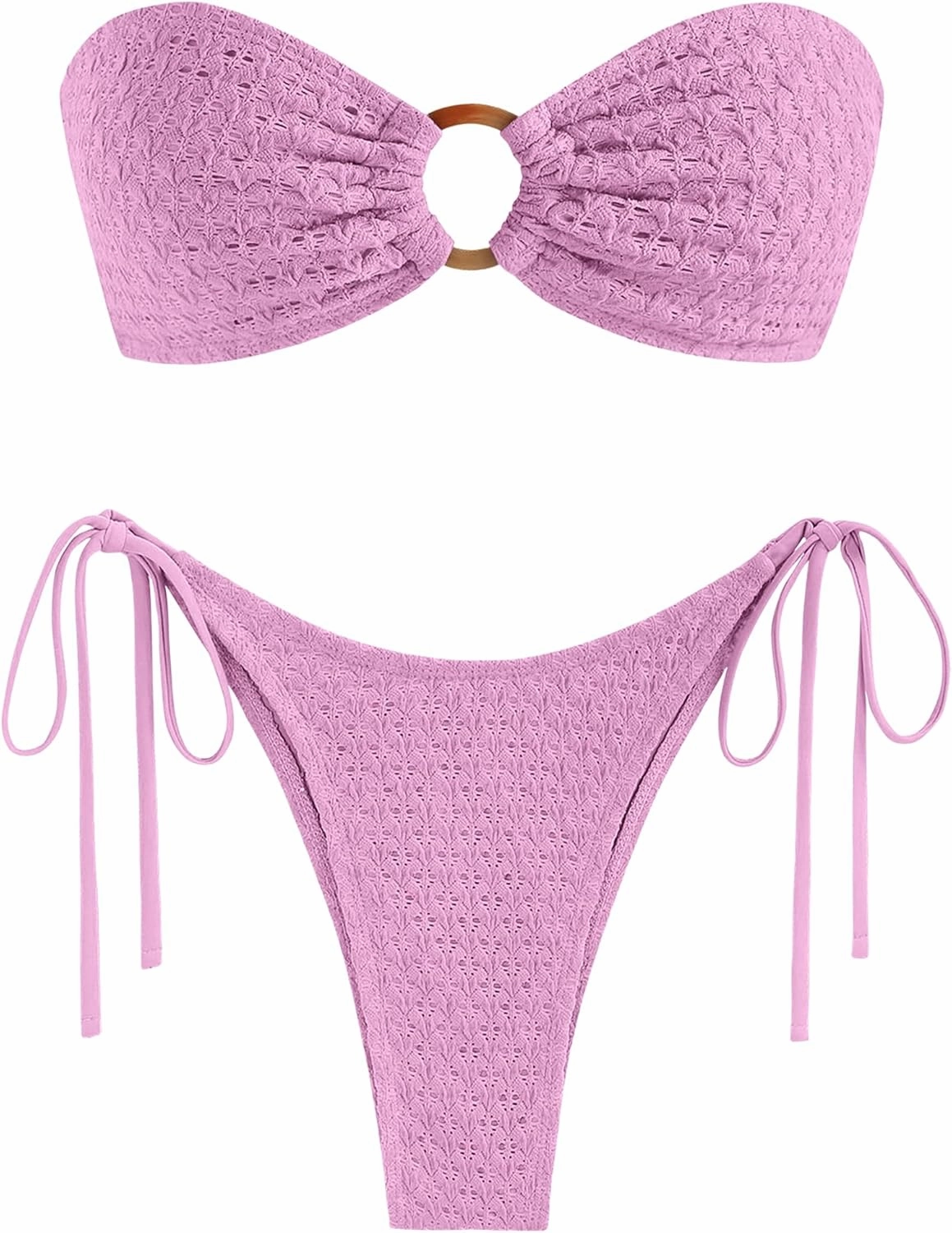 ZAFUL Women's Bandeau Bikini Strapless O Ring Lace Tie Back High Cut Two Piece Swimsuit Bathing Suits