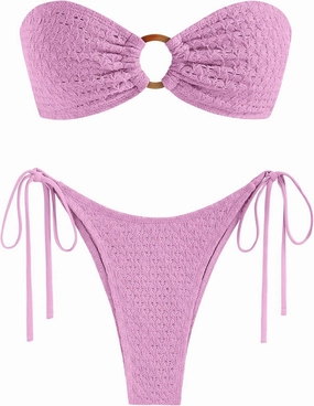 ZAFUL Women's Bandeau Bikini Strapless O Ring Lace Tie Back High Cut Two Piece Swimsuit Bathing Suits