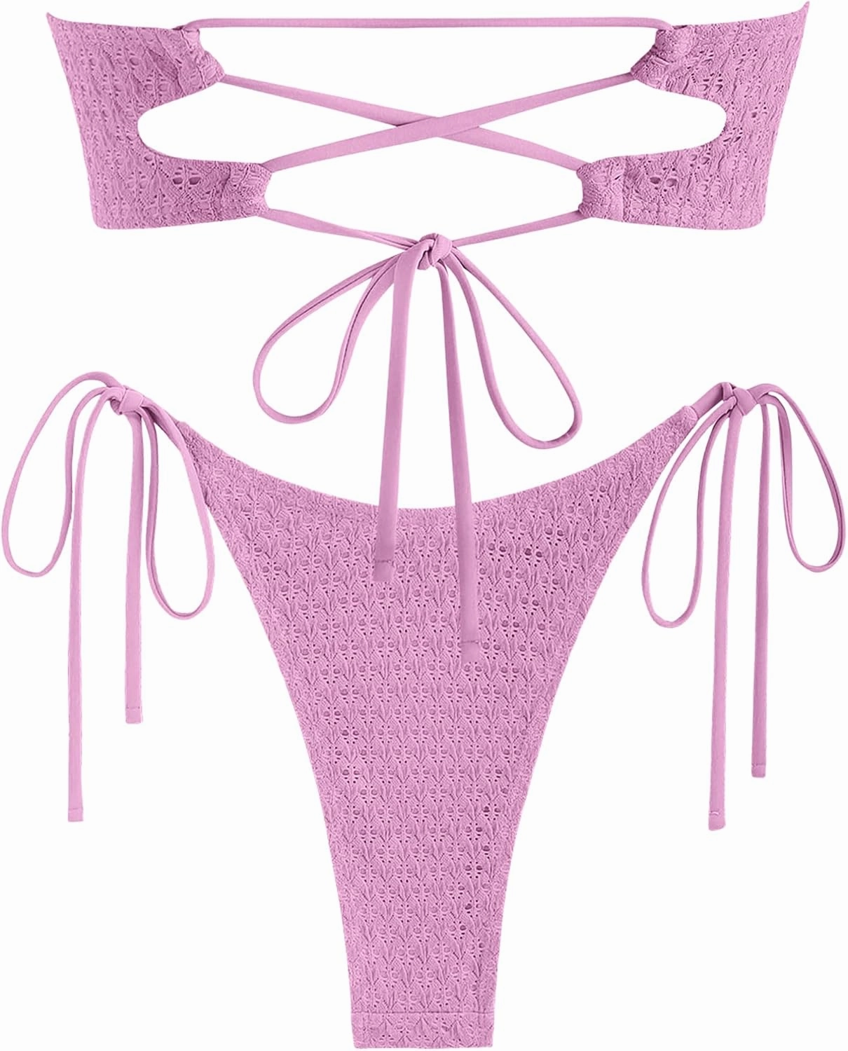 ZAFUL Women's Bandeau Bikini Strapless O Ring Lace Tie Back High Cut Two Piece Swimsuit Bathing Suits