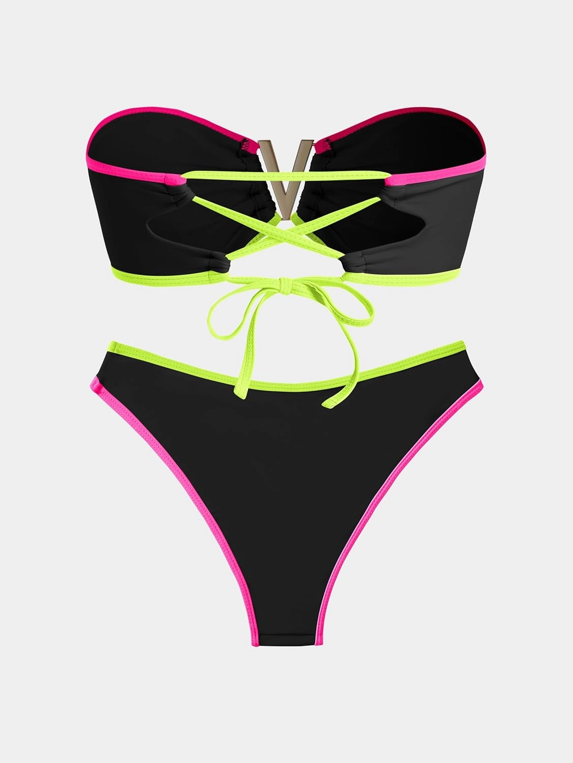 ZAFUL Women's Bandeau Bikini V Strapless Confetti Colorblock Tie Back High Cut Two Piece Swimsuit Bathing Suits