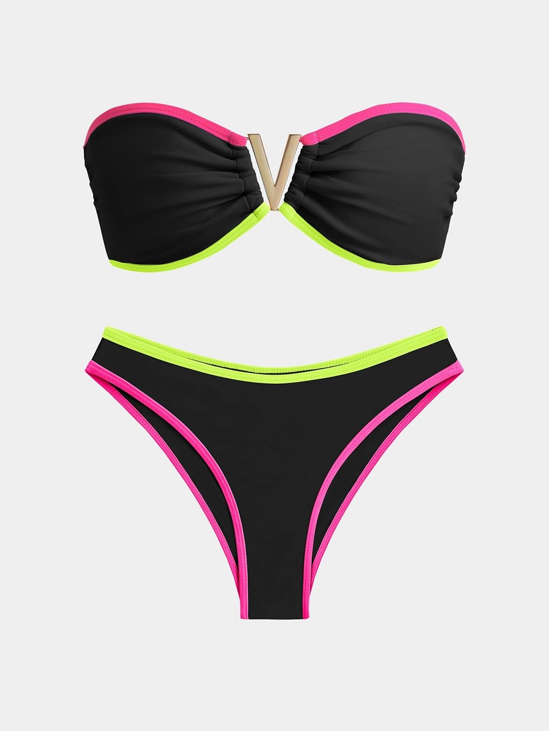 ZAFUL Women's Bandeau Bikini V Strapless Confetti Colorblock Tie Back High Cut Two Piece Swimsuit Bathing Suits