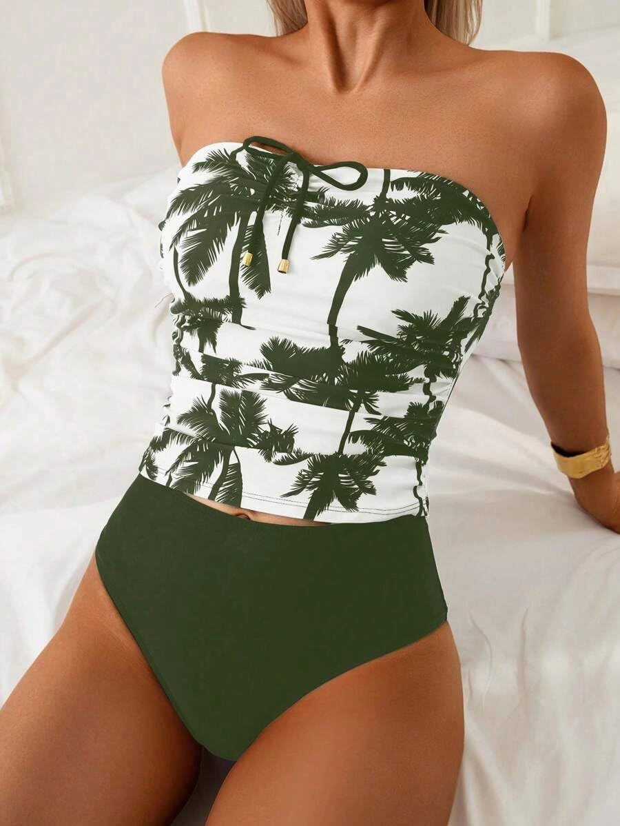 ZAFUL Women's Bandeau Tankini Swimsuit Asymmetrical Slit Bowknot String High Cut Fairyland Cheeky Bathing Suit