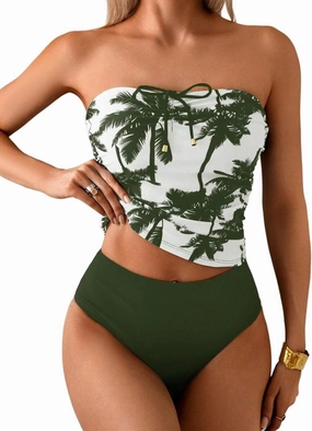 ZAFUL Women's Bandeau Tankini Swimsuit Asymmetrical Slit Bowknot String High Cut Fairyland Cheeky Bathing Suit