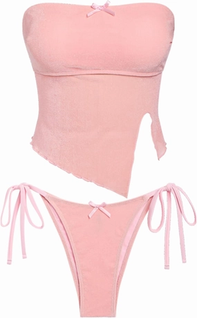 ZAFUL Women's Bandeau Tankini Swimsuit Asymmetrical Slit Bowknot String High Cut Fairyland Cheeky Bathing Suit