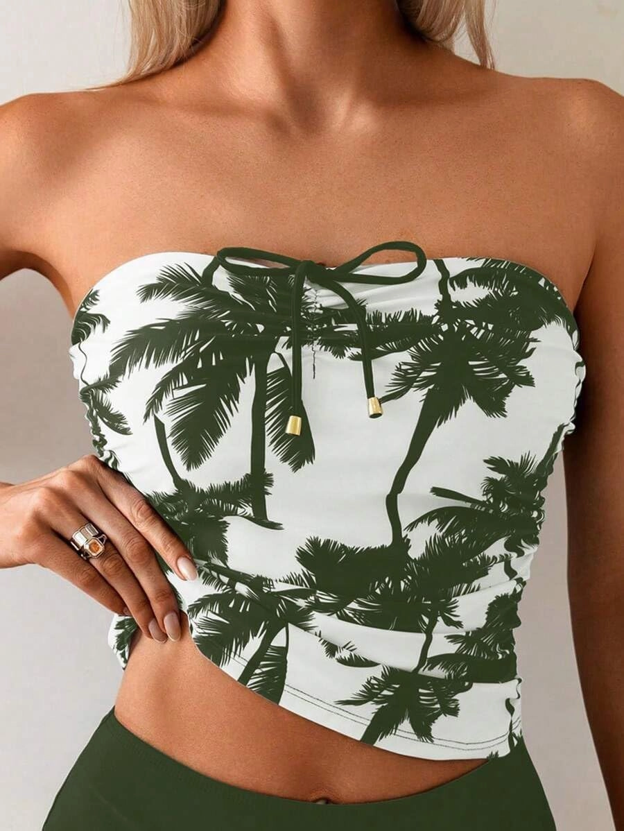 ZAFUL Women's Bandeau Tankini Swimsuit Asymmetrical Slit Bowknot String High Cut Fairyland Cheeky Bathing Suit