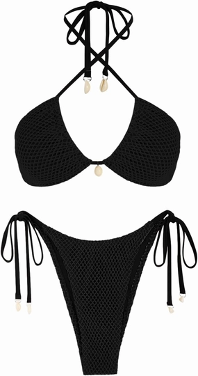ZAFUL Women's Bikini Set Fishnet Triangle Tie Convertible Collar Halter Bandeau Shell Two Piece Bathing Suit