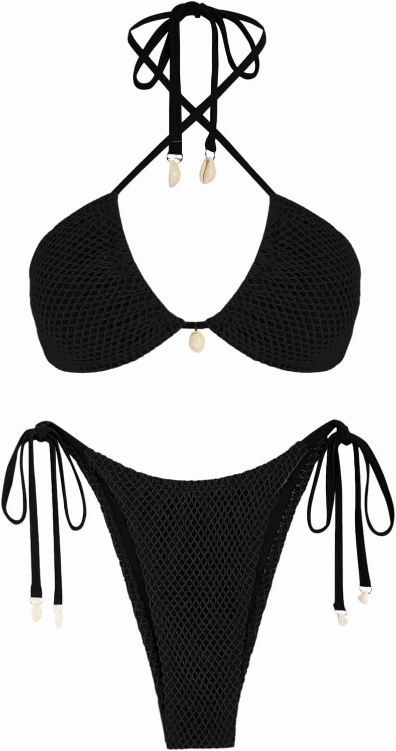 ZAFUL Women's Bikini Set Fishnet Triangle Tie Convertible Collar Halter Bandeau Shell Two Piece Bathing Suit