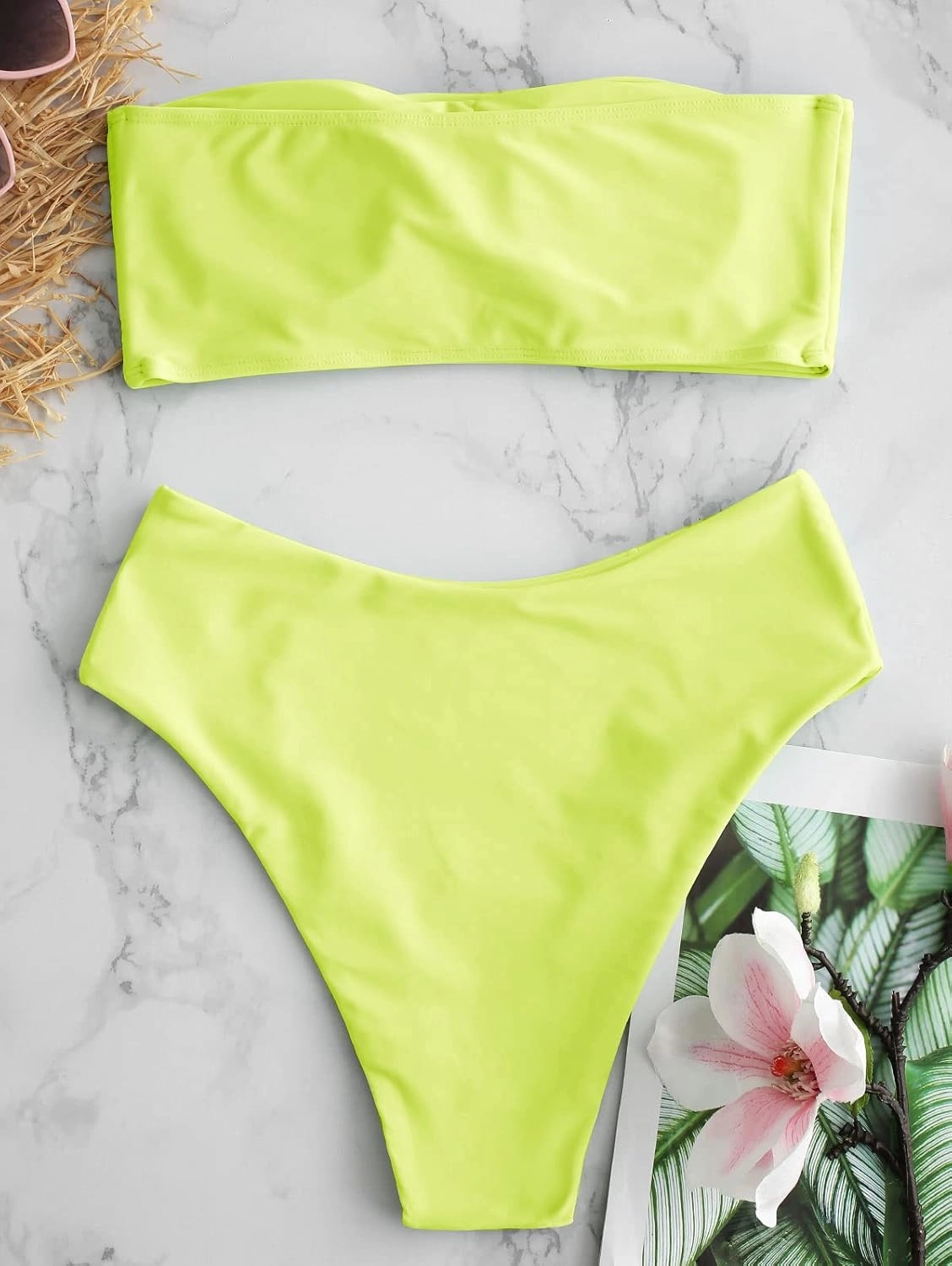 ZAFUL Women's High Cut Bandeau Bikini Set Strapless Solid Color 2 Pieces Bathing Suit Swimsuit