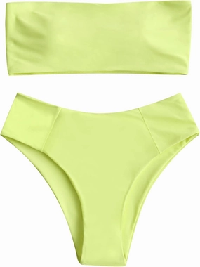 ZAFUL Women's High Cut Bandeau Bikini Set Strapless Solid Color 2 Pieces Bathing Suit Swimsuit