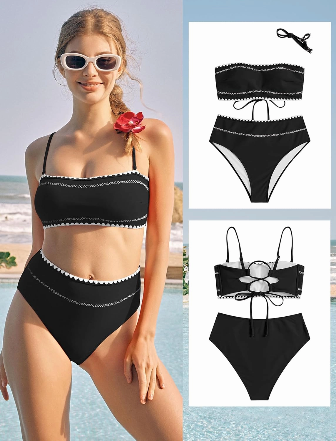 ZAFUL Women's Sexy Bikini Sets 2025 2 Piece Swimwear String Detachable Straps Swimsuit High Waisted Bathing Suits
