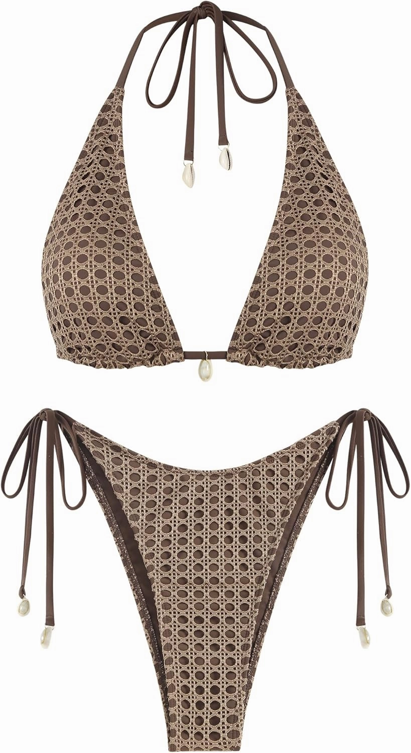ZAFUL Women's Triangle Bikini Multiway Fishnet Tie Side Bandeau Halter String Bikini Set Two Piece Swimsuit Bathing Suits